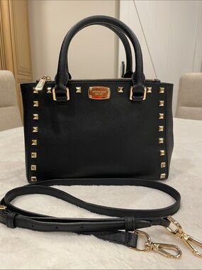 Michael Kors Black Saffiano Satchel with Gold Studs